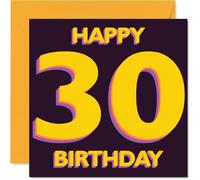 Playful 30th Birthday Card - Big Cheers to Thirty - Bold Yellow HAPPY 30 BIRTHDAY Design on Deep Purple - 145mm Square, Envelope Included