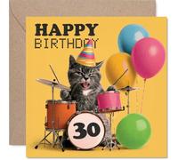 Playful 30th Birthday Card - Bring the Party to Their Big 3-0 - Groovy Cat Drumming with Balloons and Party Hat - 145mm Square, Envelope Included