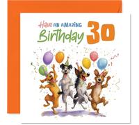 Playful 30th Birthday Card - Bursting with Birthday Cheer - Four Lively Dogs and Colourful Balloons in a Festive Scene - 145mm Square, Envelope Included