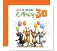 Playful 30th Birthday Card - Bursting with Birthday Cheer - Four Colourful Cats Partying with Balloons and Confetti - 145mm Square, Envelope Included