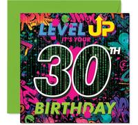 Playful 30th Birthday Card - Level Up to 30 in Style - Neon Gaming Celebration Graffiti Design - Energetic Vibes for a Milestone Birthday - 145mm Square, Envelope Included
