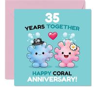 Playful 35th Anniversary Card - Celebrate 35 Years of Laughs - Cute Coral Characters in a Splash of Blue and Pink - 145mm Square, Envelope Included