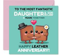 Playful 3rd Anniversary Card for Daughter & Son in Law - Playful Wallet Duo Celebrates 3 Years - Cute Leather Anniversary Card - 145mm Square, Envelope Included