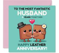 Playful 3rd Anniversary Card for Husband - Three Years of Love and Laughter - Cute Cartoon Wallets Holding Hands on Teal - 145mm Square, Envelope Included