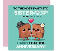Playful 3rd Anniversary Card for Sister & Brother In Law - Leather Anniversary Laughs - Cartoon Books Holding Hands in Cheerful Turquoise - 145mm Square, Envelope Included