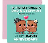 Playful 3rd Anniversary Card for Stepmum & Dad - Leather Anniversary Laughs - Adorable Cartoon Wallets Couple in Turquoise and Pink - 145mm Square, Envelope Included