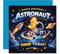 Playful 3rd Birthday Card - Blast off into Birthday Fun - Cheery Astronaut in a Vibrant Space Scene - Perfect for Little Adventurers Turning Three - 145mm Square, Envelope Included