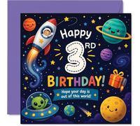 Playful 3rd Birthday Card - Blast off into Birthday Fun - Colourful Space Rocket and Friendly Alien Adventure - 145mm Square, Envelope Included