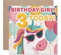 Playful 3rd Birthday Card - Bring on the Giggles - Sunglasses-wearing Unicorn with Colourful Balloons - 145mm Square, Envelope Included