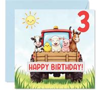 Playful 3rd Birthday Card - Bursting with Birthday Cheer - Cartoon Farm Animals Partying on a Bright Red Tractor - 145mm Square, Envelope Included