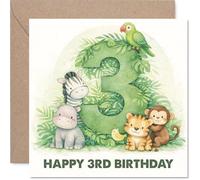 Playful 3rd Birthday Card - Bursting with Birthday Cheer - Jungle Animals Celebrate Around a Big Number 3-145mm Square, Envelope Included