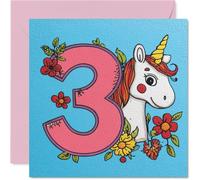 Playful 3rd Birthday Card - Bursting with Birthday Cheer - Smiling Unicorn with Bright Pink Number 3 and Colourful Flowers - 145mm Square, Envelope Included