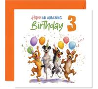 Playful 3rd Birthday Card - Bursting with Birthday Fun - Four Cheeky Dogs, Balloons and Confetti - Guaranteed to Get Little Ones Grinning - 145mm Square, Envelope Included
