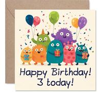 Playful 3rd Birthday Card - Bursting with Birthday Giggles - Colourful Monsters with Balloons and Presents - Sure to Make Little Ones Beam - 145mm Square, Envelope Included