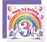 Playful 3rd Birthday Card - Bursting with Birthday Magic - Unicorns, Rainbows and Balloons in Vibrant Colours - 145mm Square, Envelope Included