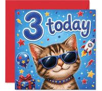 Playful 3rd Birthday Card, Cool Cat Ready for Lift-off | Kitten in Sunglasses with Rocket, Balloons and Birthday Gifts, 145mm Square, Envelope Included