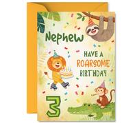 Playful 3rd Birthday Card for Nephew - Roaring Good Fun for Little Adventurers - Colourful Party Animals with Cake and Confetti - A5, Envelope Included