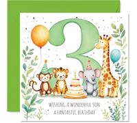 Playful 3rd Birthday Card for Son - Bursting with Birthday Cheer - Adorable Animals, Big Number Three and a Cake - 145mm Square, Envelope Included