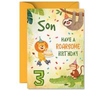 Playful 3rd Birthday Card for Son - Jungle Party Fun - Colourful Animal Crew with Cake, Confetti and Party Hats - Roarsome Way to Turn Three - A5, Envelope Included