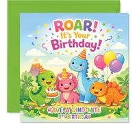 Playful 3rd Birthday Card - Roaring Fun for Little Dino Fans - Cheerful Dinosaurs, Cake and Balloons Bring the Party to Life - 145mm Square, Envelope Included