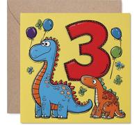 Playful 3rd Birthday Card - Roarsome Fun for Turning Three - Friendly Dinosaurs and Colourful Balloons Bring the Party to Life - 145mm Square, Envelope Included