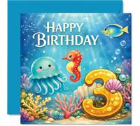 Playful 3rd Birthday Card - Splashes of Birthday Fun - Cheery Underwater Scene with Adorable Sea Creatures - 145mm Square, Envelope Included