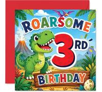 Playful 3rd Birthday Card - Totally Roarsome Fun - Smiling Green Dinosaur with Volcano and Jungle Scene - 145mm Square, Envelope Included