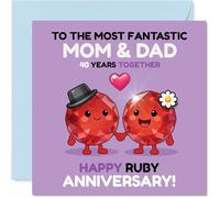 Playful 40th Anniversary Card for Mum & Dad - Playful Ruby Duo Celebrating 40 Years - Cartoon Gems Holding Hands on Bold Purple - 145mm Square, Envelope Included