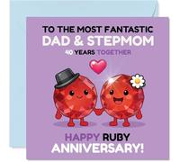 Playful 40th Anniversary Card for Stepmum & Dad - Celebrating 40 Years of Togetherness - Joyful Ruby Character Duo on a Vibrant Background - 145mm Square, Envelope Included