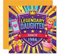 Playful 40th Birthday Card - Crowned with Sweetness - Vibrant 'legendary Daughter Since 1986' Design with Teddy Bear and Treats - 145mm Square, Envelope Included
