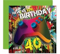 Playful 40th Birthday Card - Level Up the Big 4-0 - Vibrant Gaming Controller on Graffiti-style Backdrop - 145mm Square, Envelope Included