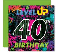 Playful 40th Birthday Card - Level Up Your Big Day - Vibrant Graffiti Gaming Design with Bold Colours - Perfect for Celebrating 40 in Style - 145mm Square, Envelope Included