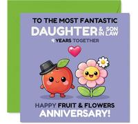 Playful 4th Anniversary Card for Daughter & Son in Law - Four Years of Fruity Fun - Smiling Apple and Flower Design Brings Cheeky Charm - 145mm Square, Envelope Included