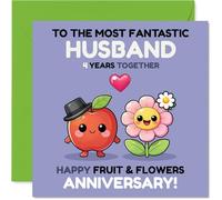 Playful 4th Anniversary Card for Husband - Four Years of Fruity Fun - Cartoon Fruit and Flowers with a Splash of Colour - 145mm Square, Envelope Included