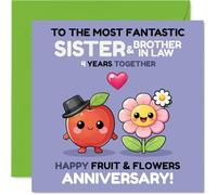Playful 4th Anniversary Card for Sister & Brother In Law - Bursting with Fruity Fun - Adorable Fruit and Flower Characters Pop with Vibrant Colours - 145mm Square, Envelope Included