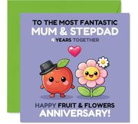 Playful 4th Anniversary Card for Stepdad & Mum - Cheerful Apple and Flower Celebrate 4 Years - Cute Fruit and Floral Design - 145mm Square, Envelope Included