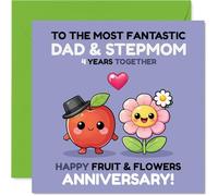 Playful 4th Anniversary Card for Stepmum & Dad - Quirky Fruit and Flower Pals Toast 4 Years - Colourful Cartoon Design Sparks a Smile - 145mm Square, Envelope Included