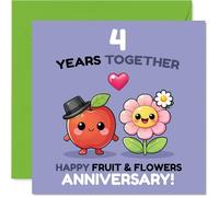 Playful 4th Anniversary Card - Four Fruity Years - Adorable Apple and Flower Cartoon Duo Celebrating Together - 145mm Square, Envelope Included