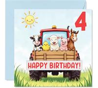 Playful 4th Birthday Card - All Aboard the Birthday Tractor - Cute Farm Animals in Bright Colours - Playful Fun for Little Adventurers - 145mm Square, Envelope Included