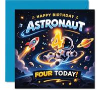 Playful 4th Birthday Card - Blast off into Birthday Fun - Cheerful Astronaut Floating in Space with Bold '4 Today!' Print - 145mm Square, Envelope Included