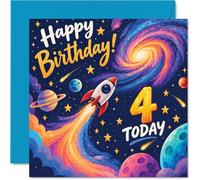 Playful 4th Birthday Card, Blast off to Birthday Fun | Colourful Space Rocket and Planets Design, Packed with Cosmic Charm, 145mm Square, Envelope Included