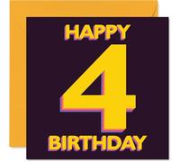Playful 4th Birthday Card - Bursting with Birthday Cheer - Bold Yellow Number 4 on Vibrant Purple - 145mm Square, Envelope Included