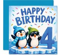 Playful 4th Birthday Card, Cheerful Penguins and a Big Number 4 | Fun Winter Scene with Colourful Confetti, 145mm Square, Envelope Included