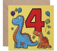 Playful 4th Birthday Card - Dino-mite Birthday Fun - Cute Cartoon Dinosaurs, Number 4 and Colourful Balloons - 145mm Square, Envelope Included