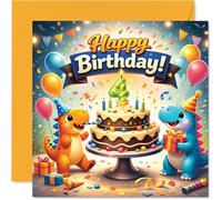Playful 4th Birthday Card - Dino-mite Birthday Fun - Colourful Dinosaurs Gathered Round Cake and Balloons - Bursting with Cheerful Party Vibes - 145mm Square, Envelope Included