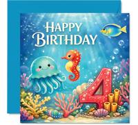 Playful 4th Birthday Card - Dive into Birthday Fun - Colourful Sea Creatures Party Underwater - Joyful Scene to Brighten Their Special Day - 145mm Square, Envelope Included