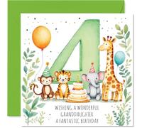 Playful 4th Birthday Card for Granddaughter - Bursting with Birthday Cheer - Colourful Animals, Cake and Balloons in a Vibrant Party Scene - 145mm Square, Envelope Included