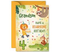 Playful 4th Birthday Card for Grandson - Roaring Fun for Their Big Day - Colourful Animal Party with Lion on Skates and Cake - A5, Envelope Included