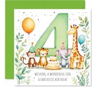 Playful 4th Birthday Card for Son - Bursting with Birthday Cheer - Cute Animals, Cake and Balloons Celebrate Turning 4-145mm Square, Envelope Included