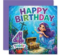 Playful 4th Birthday Card - Make a Splash on Their Big Day - Colourful Mermaid and Underwater Adventure Scene - 145mm Square, Envelope Included